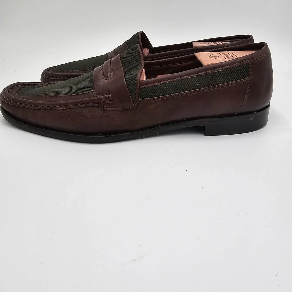 80s E.T. Wright Men's Loafers‎ Brown Leather & Green Canvas Italy Size 11 B